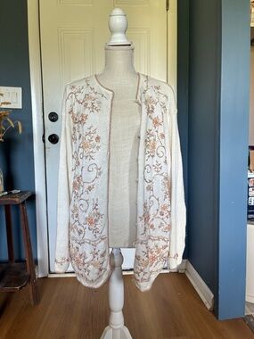 Cream Floral Embroidered Open Cardigan Sweater